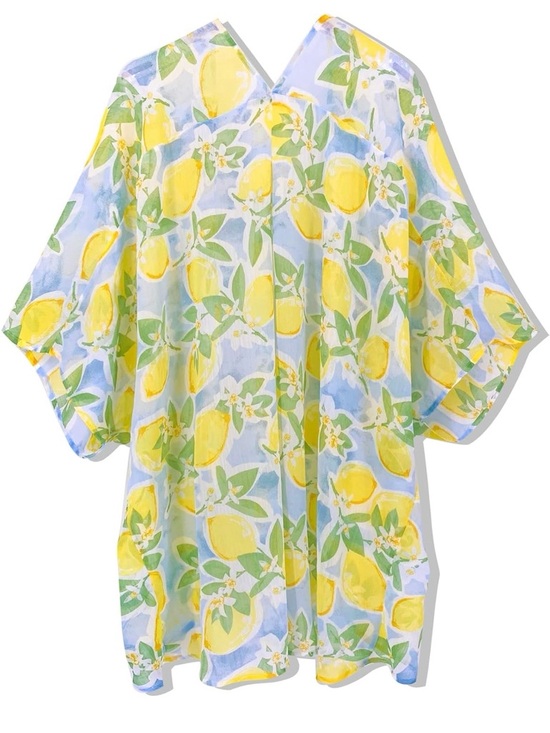 Moss Rose NWT Lemon Print Chiffon Kimono Beach Cover Up One Size Yellow - Picture 4 of 16